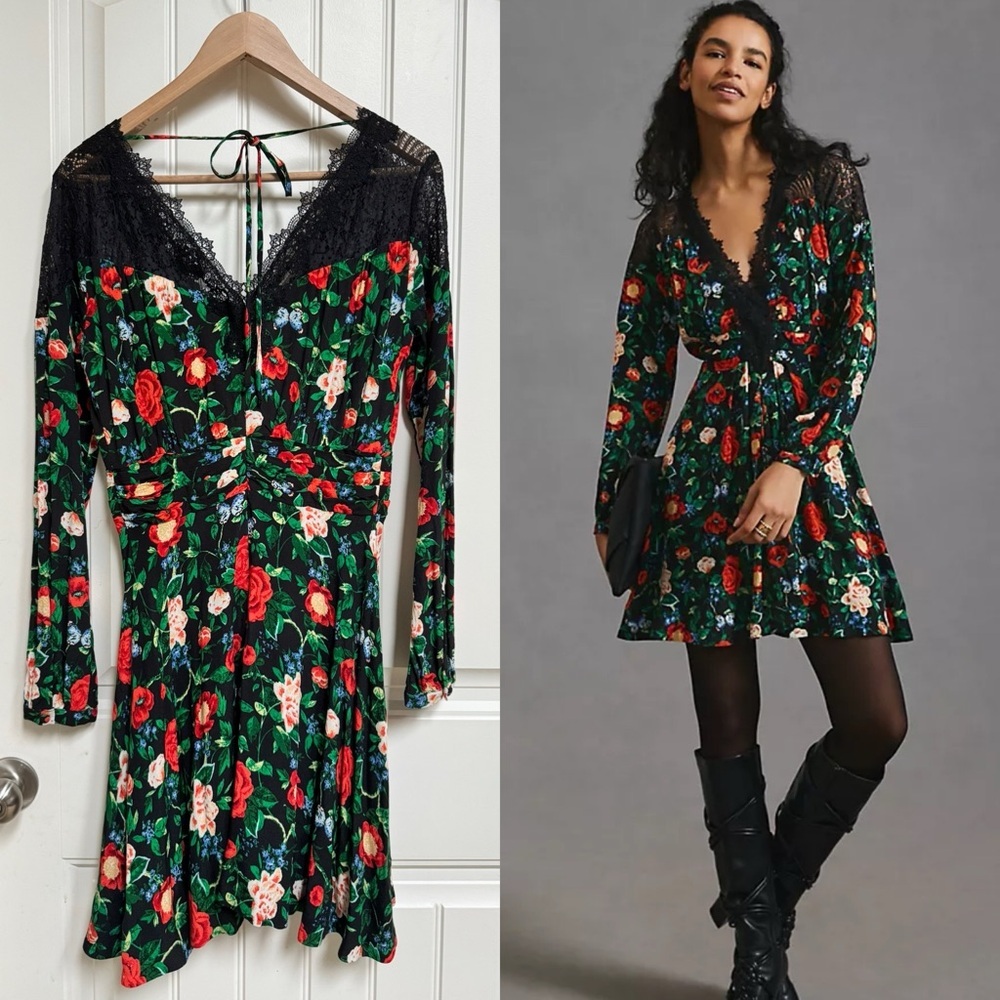 By Anthropologie Lacy V-Neck Mini Dress in Black Floral. Size 4